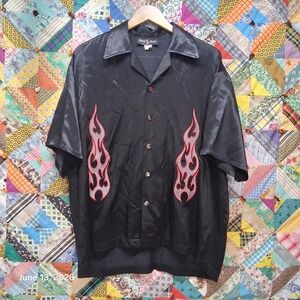Vintage Johnny Suede Embroidered Tribal Flame Lounge Shirt Black Mens XL Y2K